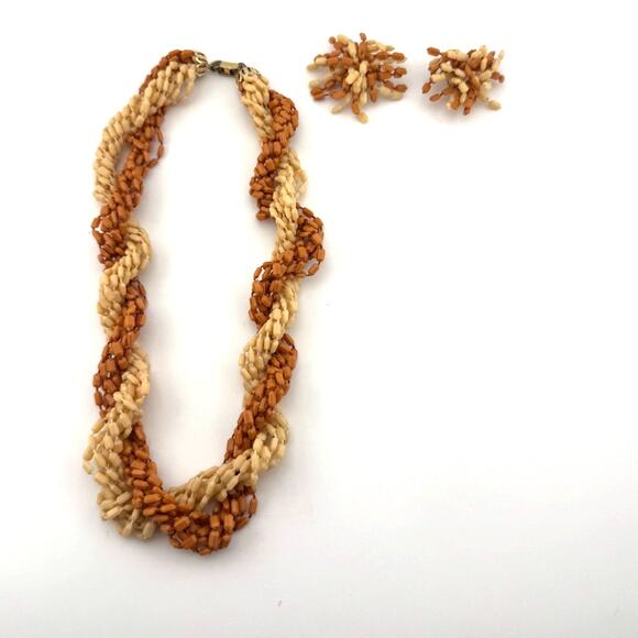Hong Kong Signed Beige Brown Tan Tones Matching Necklace Clip‎ On Earring Set - Picture 2 of 7